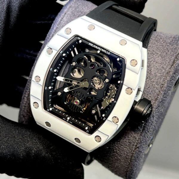 Richard Mille white watch with black skeleton with black rubber strap super clone watches in Dubai