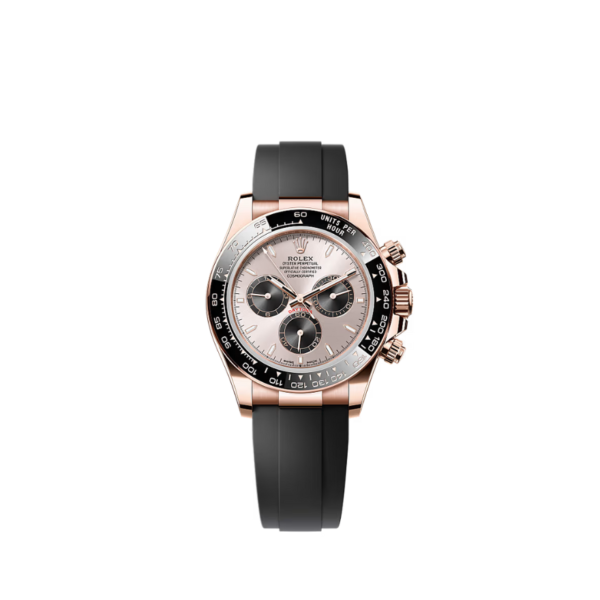Rolex Cosmograph Daytona Rose Gold Dial with black crono rubber strap watch