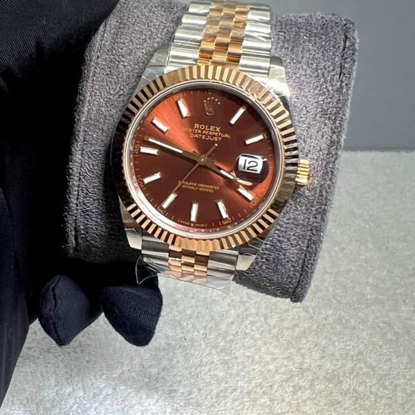 Rolex date just brown dial rose gold dual tone super clone watch